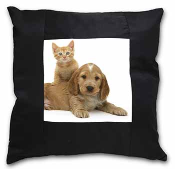 Cocker Spaniel and Kitten Love Black Satin Feel Scatter Cushion