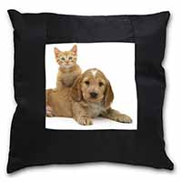 Cocker Spaniel and Kitten Love Black Satin Feel Scatter Cushion