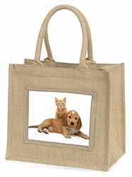 Cocker Spaniel and Kitten Love Natural/Beige Jute Large Shopping Bag