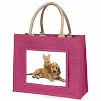 Cocker Spaniel and Kitten Love Large Pink Jute Shopping Bag