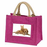 Cocker Spaniel and Kitten Love Little Girls Small Pink Jute Shopping Bag