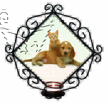 Cocker Spaniel and Kitten Love Wrought Iron Wall Art Candle Holder