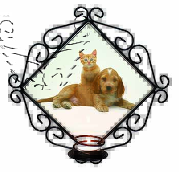 Cocker Spaniel and Kitten Love Wrought Iron Wall Art Candle Holder