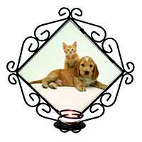 Cocker Spaniel and Kitten Love Wrought Iron Wall Art Candle Holder