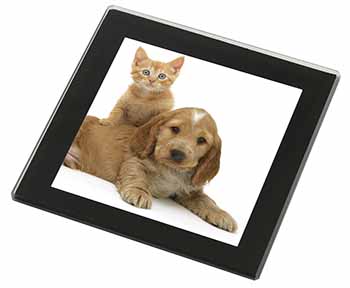 Cocker Spaniel and Kitten Love Black Rim High Quality Glass Coaster