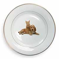 Cocker Spaniel and Kitten Love Gold Rim Plate Printed Full Colour in Gift Box