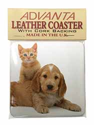 Cocker Spaniel and Kitten Love Single Leather Photo Coaster