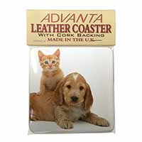 Cocker Spaniel and Kitten Love Single Leather Photo Coaster