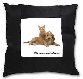 Cocker Spaniel and Kitten Love Black Satin Feel Scatter Cushion