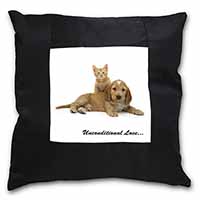 Cocker Spaniel and Kitten Love Black Satin Feel Scatter Cushion