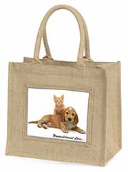 Cocker Spaniel and Kitten Love Natural/Beige Jute Large Shopping Bag