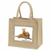 Cocker Spaniel and Kitten Love Natural/Beige Jute Large Shopping Bag