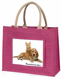 Cocker Spaniel and Kitten Love Large Pink Jute Shopping Bag