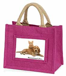 Cocker Spaniel and Kitten Love Little Girls Small Pink Jute Shopping Bag