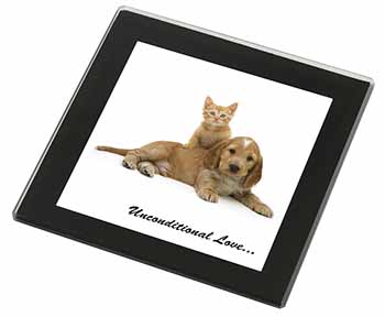 Cocker Spaniel and Kitten Love Black Rim High Quality Glass Coaster