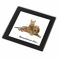 Cocker Spaniel and Kitten Love Black Rim High Quality Glass Coaster