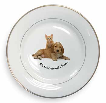 Cocker Spaniel and Kitten Love Gold Rim Plate Printed Full Colour in Gift Box
