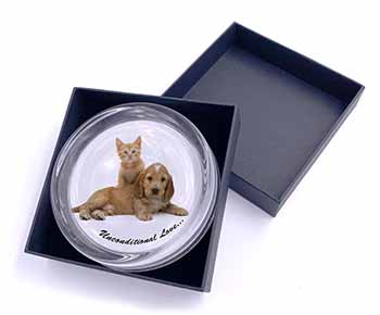 Cocker Spaniel and Kitten Love Glass Paperweight in Gift Box