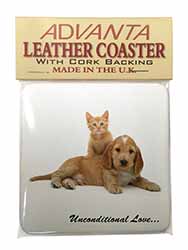 Cocker Spaniel and Kitten Love Single Leather Photo Coaster