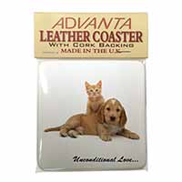 Cocker Spaniel and Kitten Love Single Leather Photo Coaster