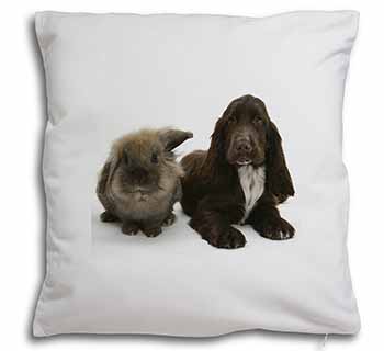 Cute Cocker Spaniel Dog and Rabbit Soft White Velvet Feel Scatter Cushion