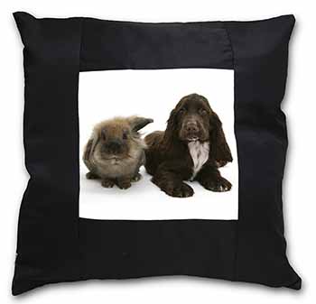 Cute Cocker Spaniel Dog and Rabbit Black Satin Feel Scatter Cushion