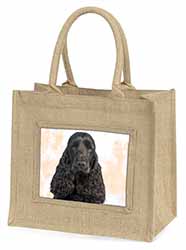 Black Cocker Spaniel Dog Natural/Beige Jute Large Shopping Bag