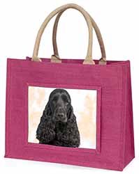 Black Cocker Spaniel Dog Large Pink Jute Shopping Bag