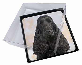 4x Black Cocker Spaniel Dog Picture Table Coasters Set in Gift Box