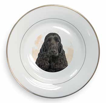 Black Cocker Spaniel Dog Gold Rim Plate Printed Full Colour in Gift Box