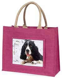 Blue Roan (Black+White) Cocker Spaniel Large Pink Jute Shopping Bag