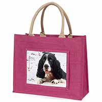 Blue Roan (Black+White) Cocker Spaniel Large Pink Jute Shopping Bag