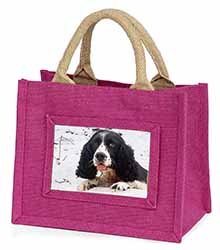 Blue Roan (Black+White) Cocker Spaniel Little Girls Small Pink Jute Shopping Bag