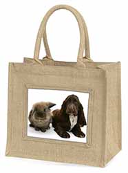 Cute Cocker Spaniel Dog and Rabbit Natural/Beige Jute Large Shopping Bag