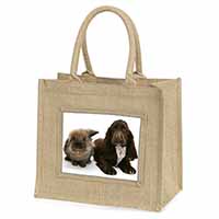 Cute Cocker Spaniel Dog and Rabbit Natural/Beige Jute Large Shopping Bag