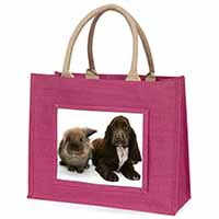 Cute Cocker Spaniel Dog and Rabbit Large Pink Jute Shopping Bag