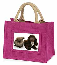 Cute Cocker Spaniel Dog and Rabbit Little Girls Small Pink Jute Shopping Bag