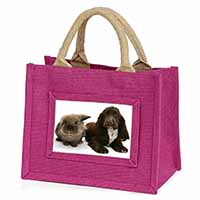 Cute Cocker Spaniel Dog and Rabbit Little Girls Small Pink Jute Shopping Bag