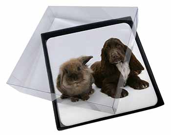 4x Cute Cocker Spaniel Dog and Rabbit Picture Table Coasters Set in Gift Box