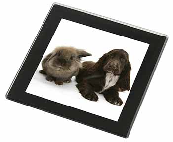 Cute Cocker Spaniel Dog and Rabbit Black Rim High Quality Glass Coaster