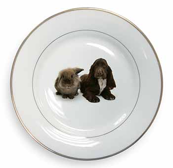 Cute Cocker Spaniel Dog and Rabbit Gold Rim Plate Printed Full Colour in Gift Bo