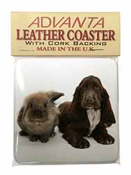 Cute Cocker Spaniel Dog and Rabbit Single Leather Photo Coaster