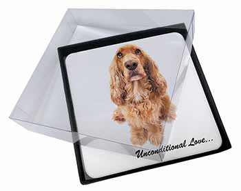 4x Gold Cocker Spaniel-With Love Picture Table Coasters Set in Gift Box