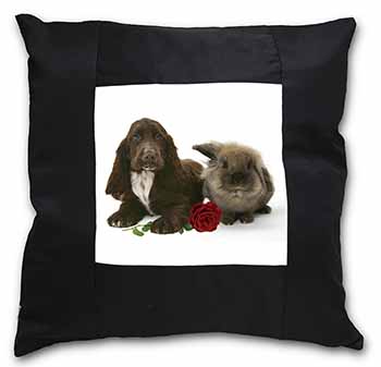 Cocker Spaniel with Red Rose Black Satin Feel Scatter Cushion