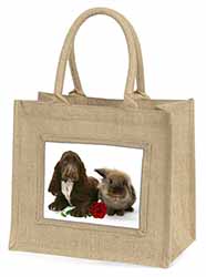 Cocker Spaniel with Red Rose Natural/Beige Jute Large Shopping Bag