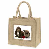 Cocker Spaniel with Red Rose Natural/Beige Jute Large Shopping Bag