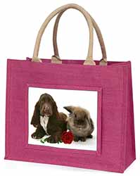 Cocker Spaniel with Red Rose Large Pink Jute Shopping Bag