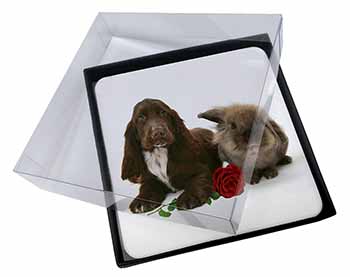 4x Cocker Spaniel with Red Rose Picture Table Coasters Set in Gift Box