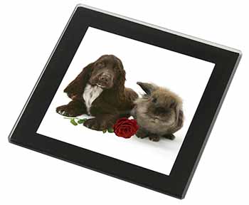 Cocker Spaniel with Red Rose Black Rim High Quality Glass Coaster