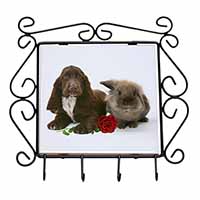 Cocker Spaniel with Red Rose Wrought Iron Key Holder Hooks
